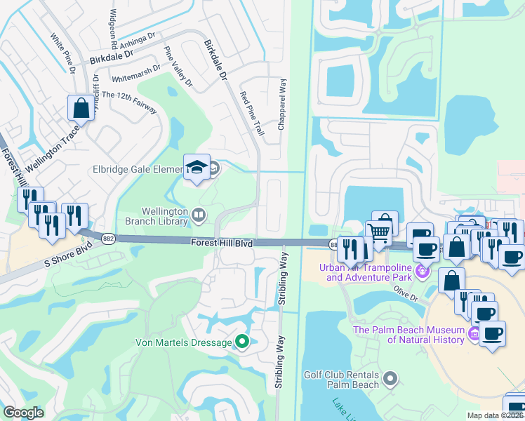 map of restaurants, bars, coffee shops, grocery stores, and more near 1852 Shower Tree Way in Wellington