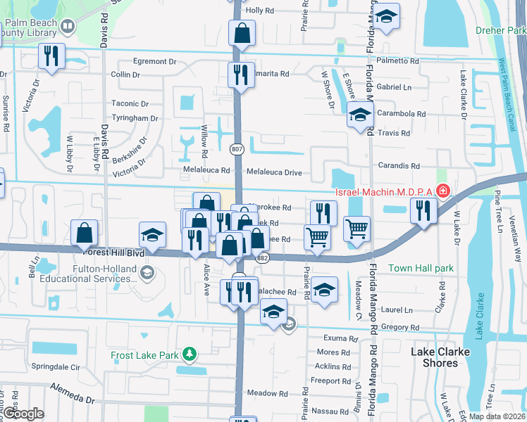 map of restaurants, bars, coffee shops, grocery stores, and more near 2910 Cherokee Road in West Palm Beach