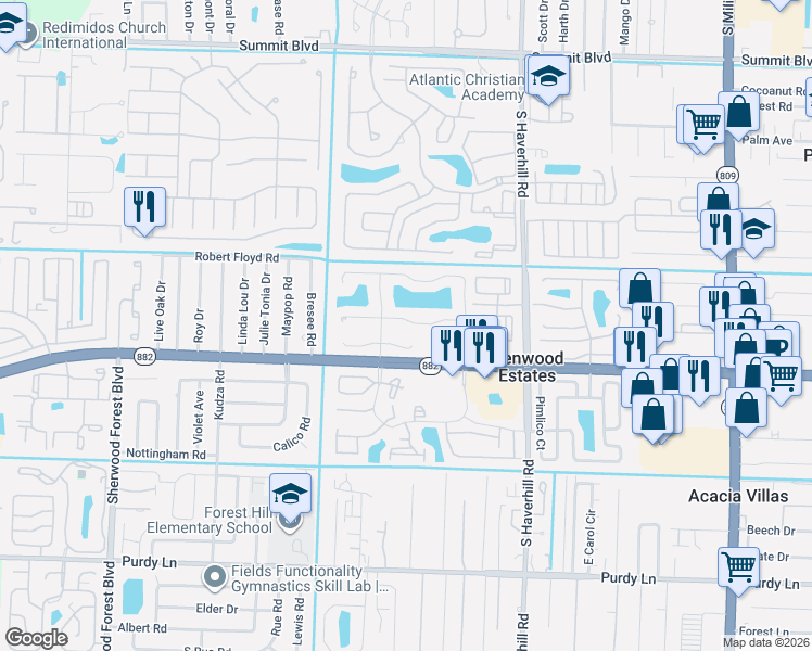 map of restaurants, bars, coffee shops, grocery stores, and more near 5334 Mendoza Street in West Palm Beach
