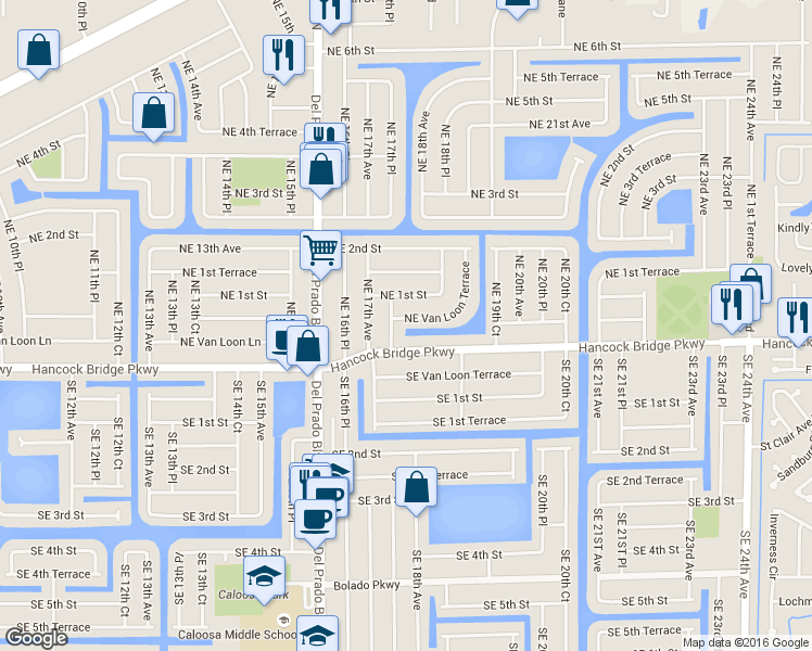 map of restaurants, bars, coffee shops, grocery stores, and more near 1722 Northeast Van Loon Terrace in Cape Coral