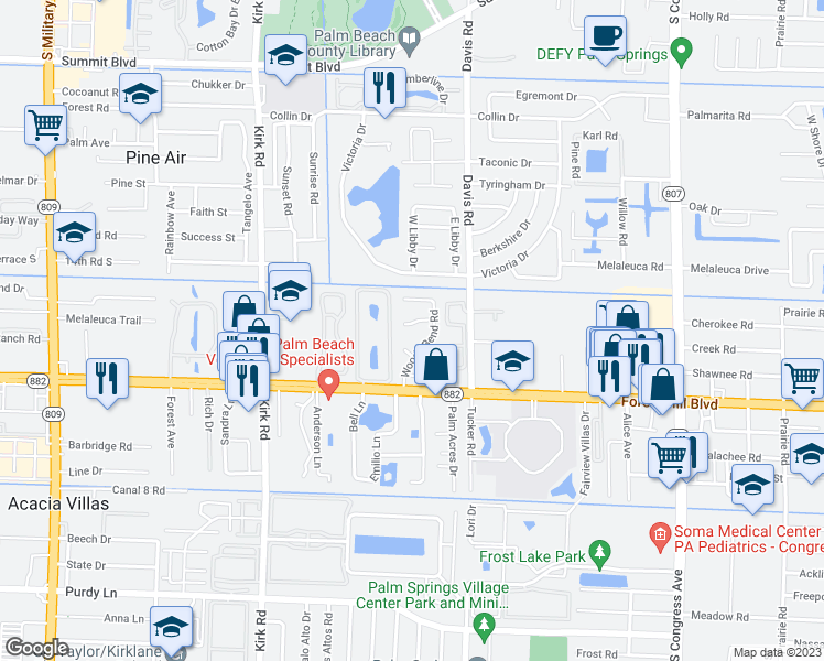 map of restaurants, bars, coffee shops, grocery stores, and more near 3642 Moon Vine Court in West Palm Beach