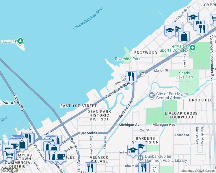 map of restaurants, bars, coffee shops, grocery stores, and more near 2875 Palm Beach Boulevard in Fort Myers
