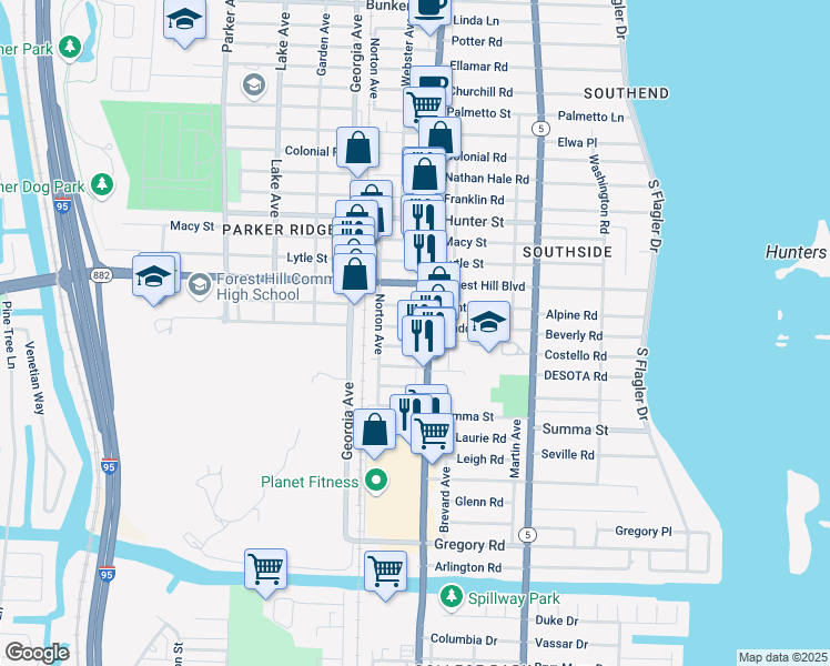 map of restaurants, bars, coffee shops, grocery stores, and more near 408 Maddock Street in West Palm Beach