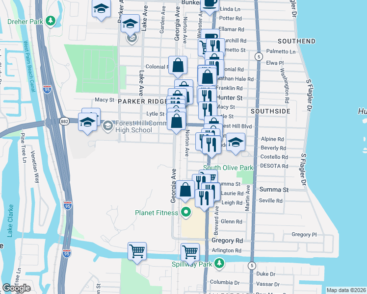 map of restaurants, bars, coffee shops, grocery stores, and more near 7001 Norton Avenue in West Palm Beach