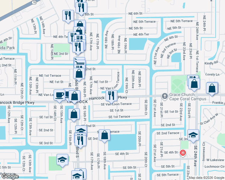 map of restaurants, bars, coffee shops, grocery stores, and more near 1820 Northeast Van Loon Terrace in Cape Coral