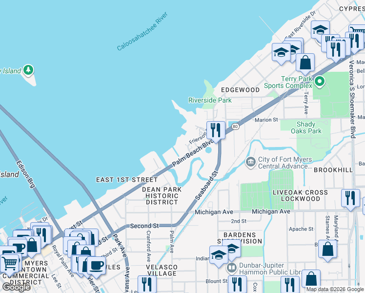 map of restaurants, bars, coffee shops, grocery stores, and more near 2885 Palm Beach Boulevard in Fort Myers