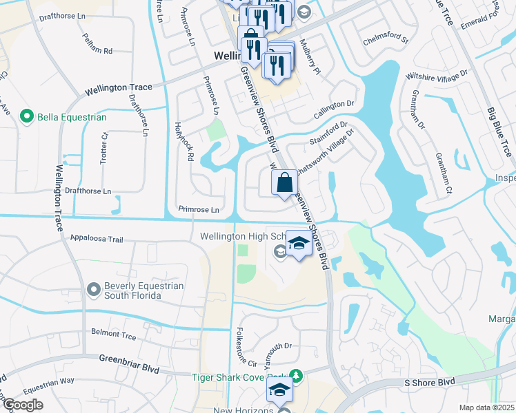 map of restaurants, bars, coffee shops, grocery stores, and more near 13830 Geranium Place in Wellington