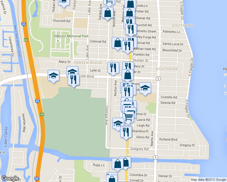 map of restaurants, bars, coffee shops, grocery stores, and more near 7001 Norton Avenue in West Palm Beach