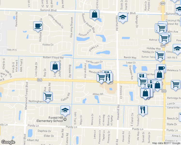 map of restaurants, bars, coffee shops, grocery stores, and more near 5334 Mendoza Street in West Palm Beach