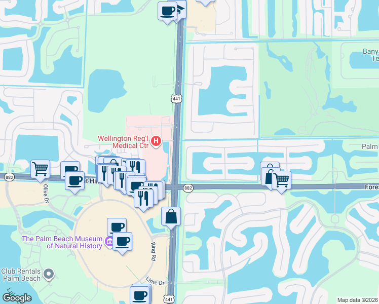 map of restaurants, bars, coffee shops, grocery stores, and more near 1848 Via Castello in Wellington