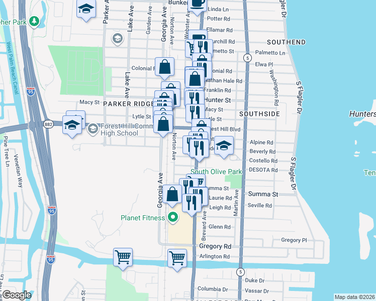 map of restaurants, bars, coffee shops, grocery stores, and more near 414 Maddock Street in West Palm Beach