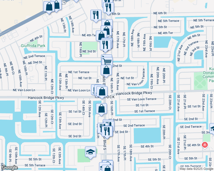map of restaurants, bars, coffee shops, grocery stores, and more near 25 Del Prado Boulevard North in Cape Coral