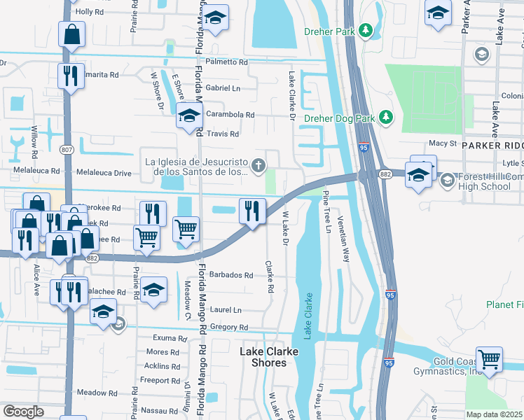 map of restaurants, bars, coffee shops, grocery stores, and more near 1521 Forest Hill Boulevard in West Palm Beach