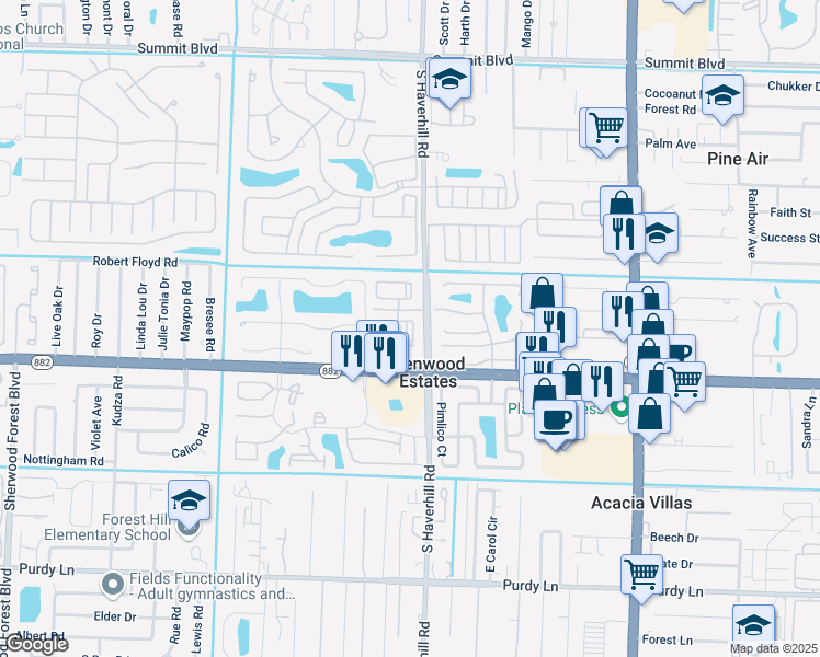 map of restaurants, bars, coffee shops, grocery stores, and more near 5035 Palm Hill Drive in West Palm Beach