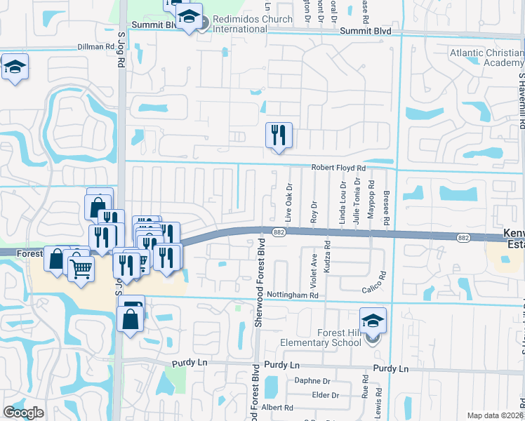 map of restaurants, bars, coffee shops, grocery stores, and more near 5969 Forest Hill Boulevard in West Palm Beach