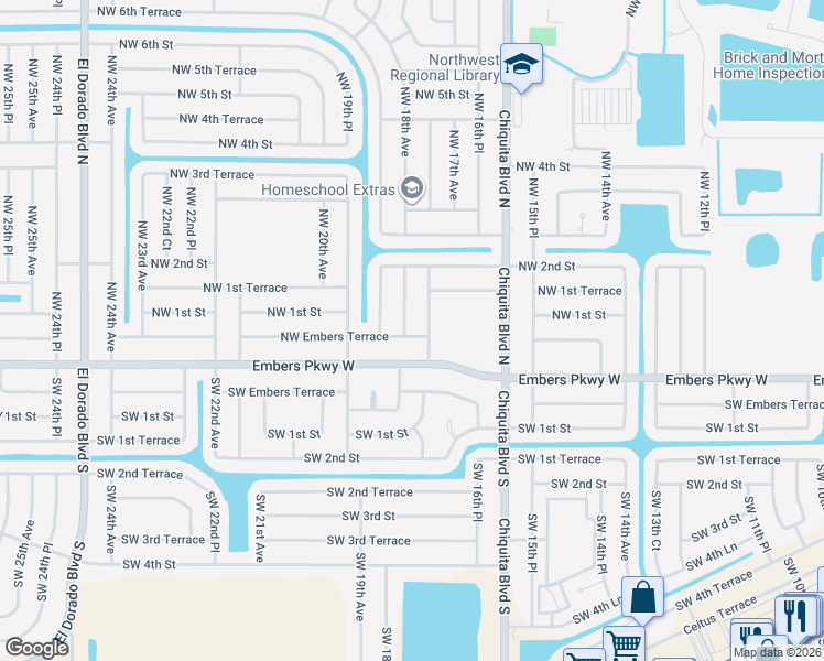 map of restaurants, bars, coffee shops, grocery stores, and more near 17 Northwest 18th Avenue in Cape Coral