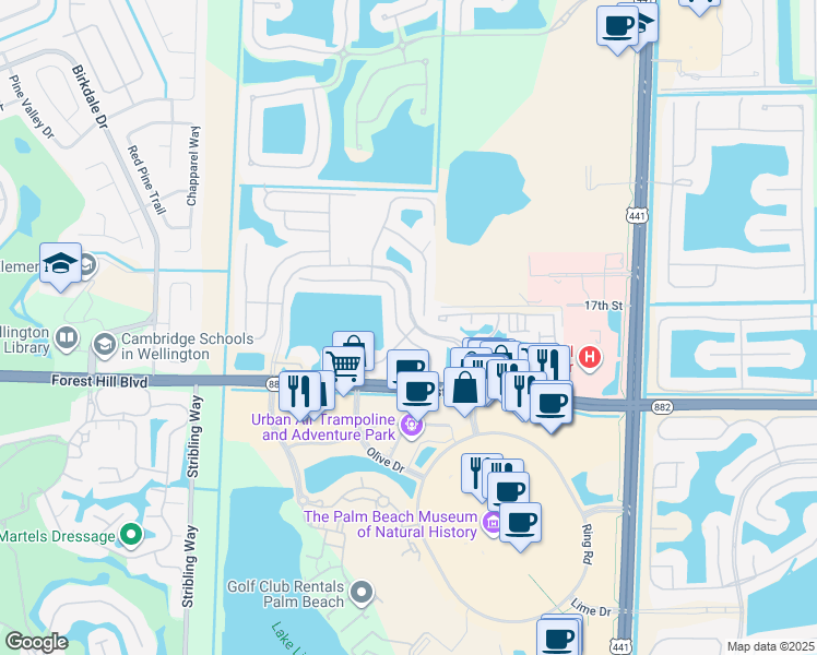 map of restaurants, bars, coffee shops, grocery stores, and more near 10553 Pelican Drive in Wellington