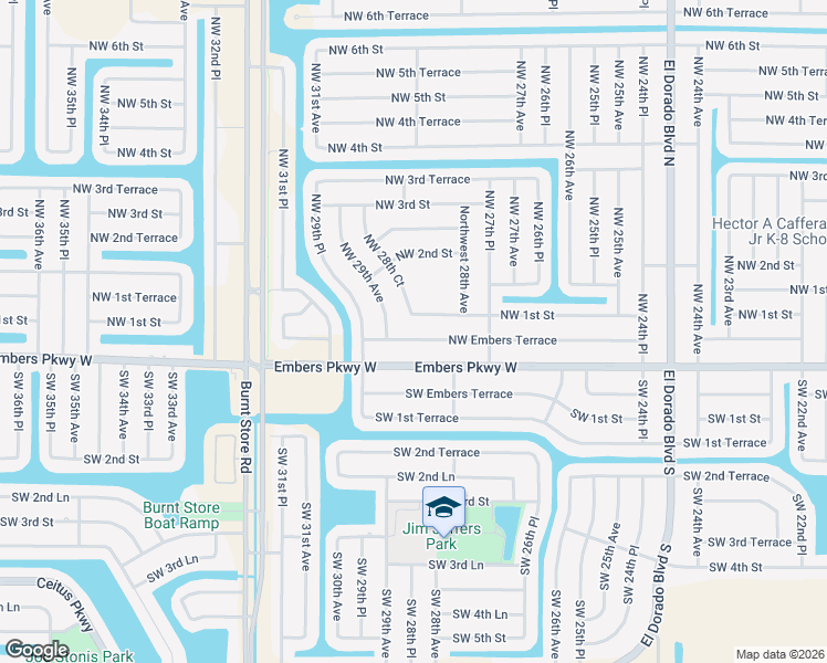map of restaurants, bars, coffee shops, grocery stores, and more near 2831 Northwest Embers Terrace in Cape Coral