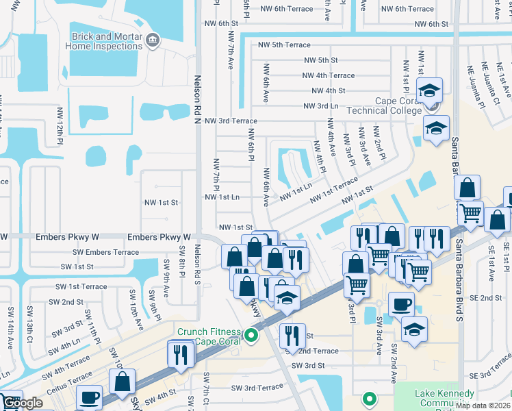 map of restaurants, bars, coffee shops, grocery stores, and more near 155 Northwest 6th Place in Cape Coral