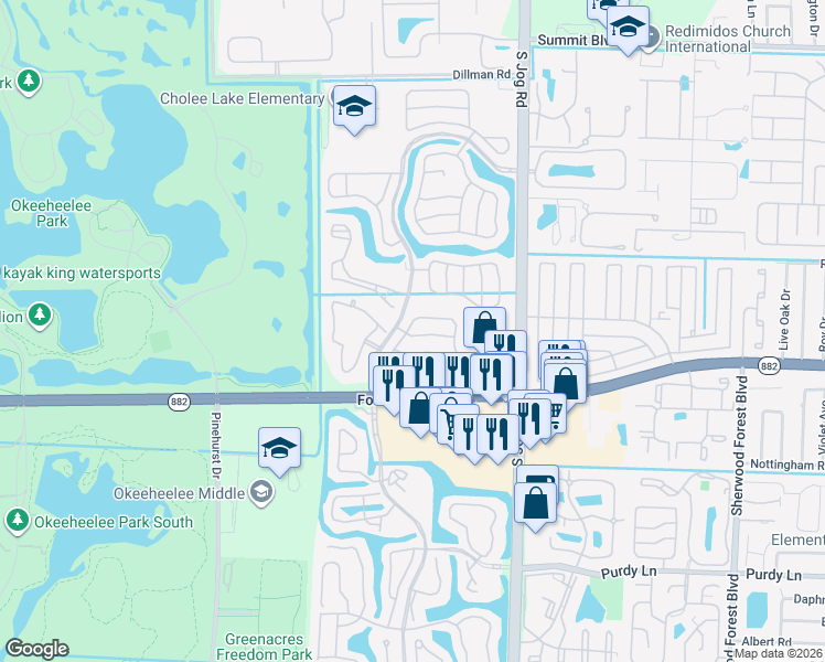 map of restaurants, bars, coffee shops, grocery stores, and more near 1617 Crooked Stick Way in Greenacres