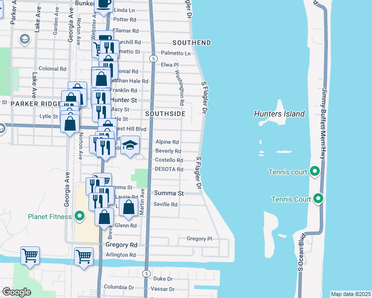 map of restaurants, bars, coffee shops, grocery stores, and more near 125 Beverly Road in West Palm Beach