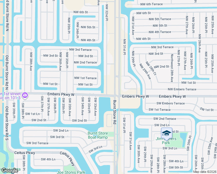 map of restaurants, bars, coffee shops, grocery stores, and more near 17 Northwest 32nd Place in Cape Coral