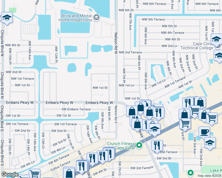 map of restaurants, bars, coffee shops, grocery stores, and more near 27 Northwest 8th Place in Cape Coral