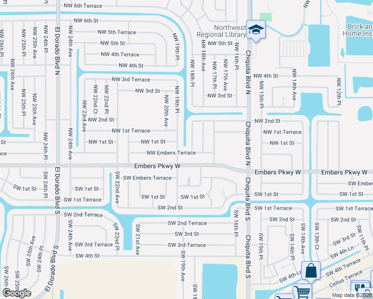 map of restaurants, bars, coffee shops, grocery stores, and more near 1823 Northwest Embers Terrace in Cape Coral