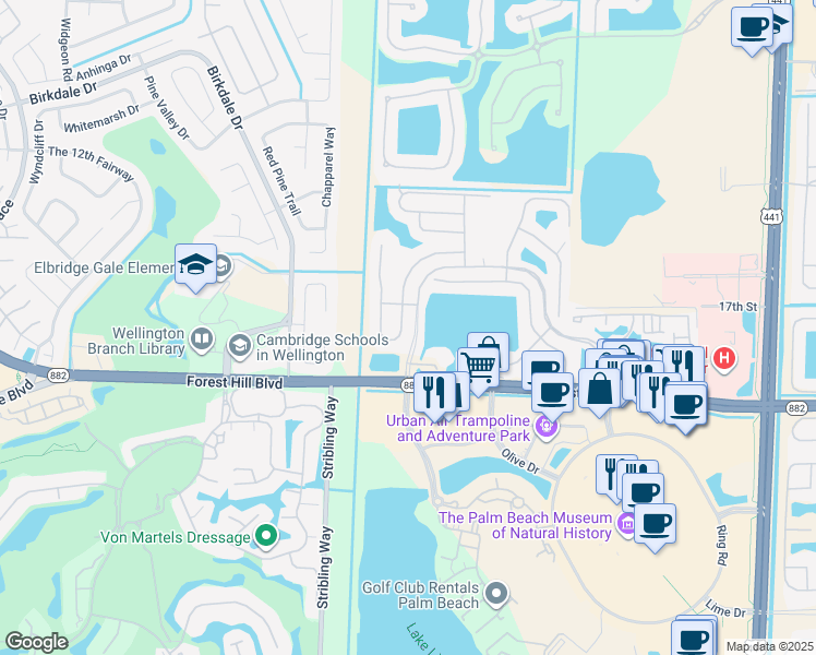 map of restaurants, bars, coffee shops, grocery stores, and more near 1959 Oak Berry Circle in Wellington