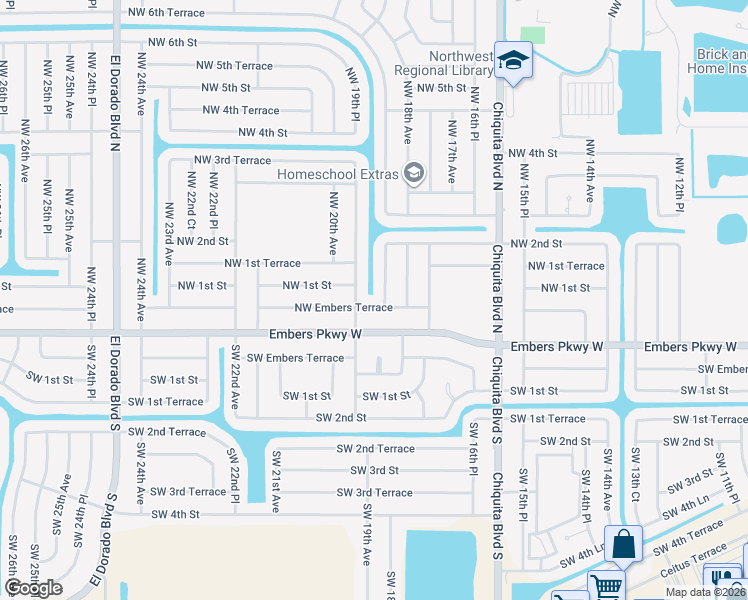 map of restaurants, bars, coffee shops, grocery stores, and more near 1823 Northwest Embers Terrace in Cape Coral