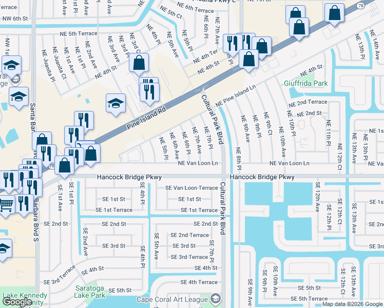 map of restaurants, bars, coffee shops, grocery stores, and more near 109 Northeast 6th Place in Cape Coral
