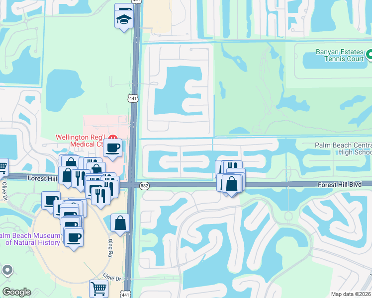 map of restaurants, bars, coffee shops, grocery stores, and more near 9666 Via Elegante in Wellington