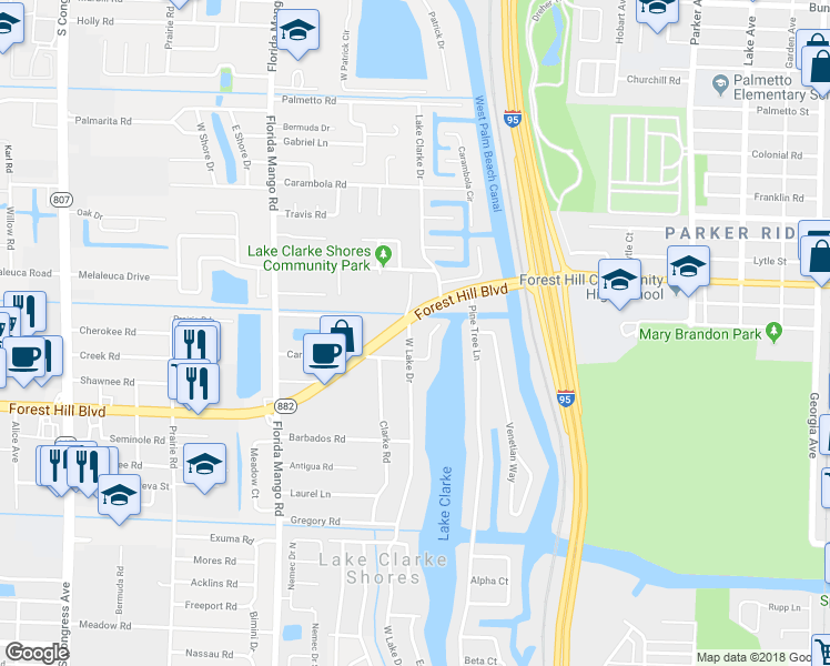 map of restaurants, bars, coffee shops, grocery stores, and more near 6904 West Lake Drive in West Palm Beach