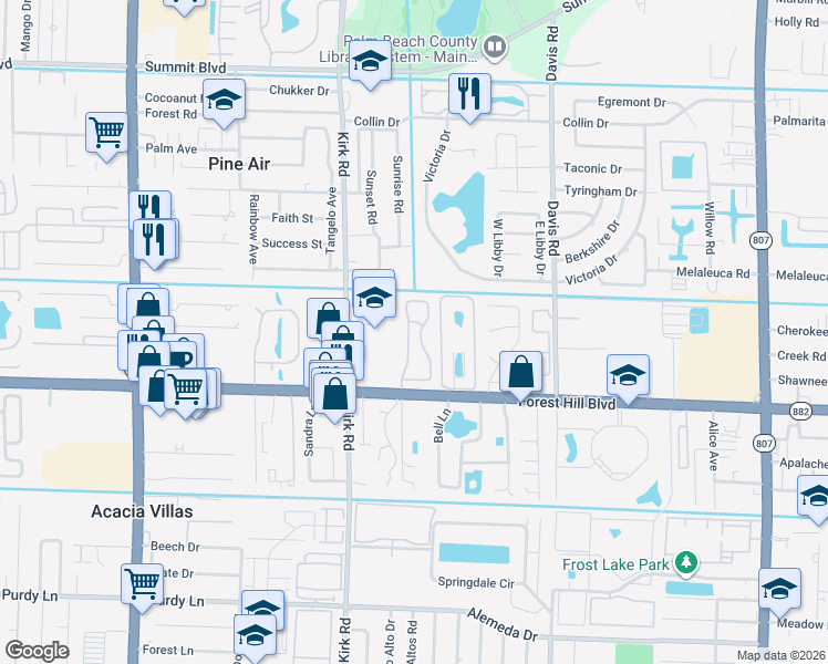 map of restaurants, bars, coffee shops, grocery stores, and more near 1493 Royal Forest Court in West Palm Beach