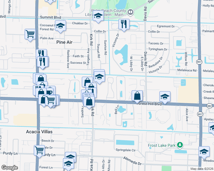 map of restaurants, bars, coffee shops, grocery stores, and more near 1493 Royal Forest Court in West Palm Beach
