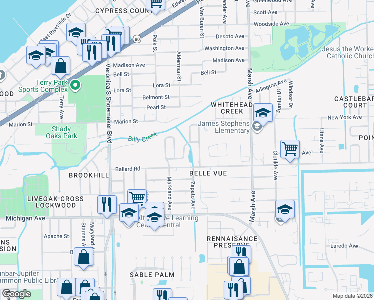 map of restaurants, bars, coffee shops, grocery stores, and more near 6169 Markland Avenue in Fort Myers