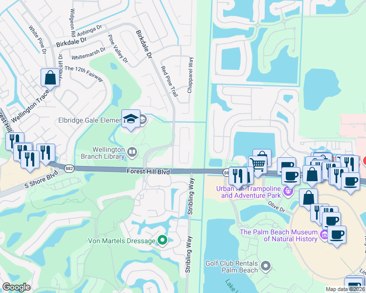 map of restaurants, bars, coffee shops, grocery stores, and more near 1852 Shower Tree Way in Wellington