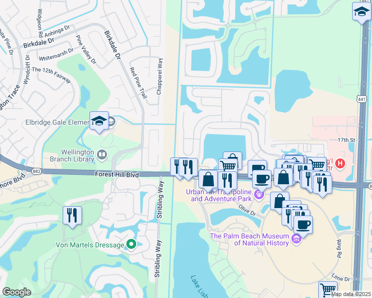 map of restaurants, bars, coffee shops, grocery stores, and more near 1912 Oak Berry Circle in Wellington