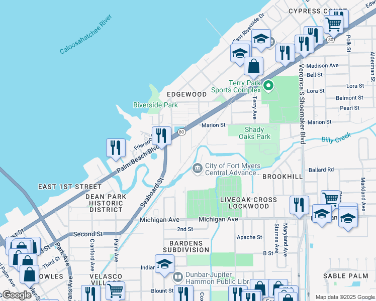 map of restaurants, bars, coffee shops, grocery stores, and more near 1280 Williams Street in Fort Myers