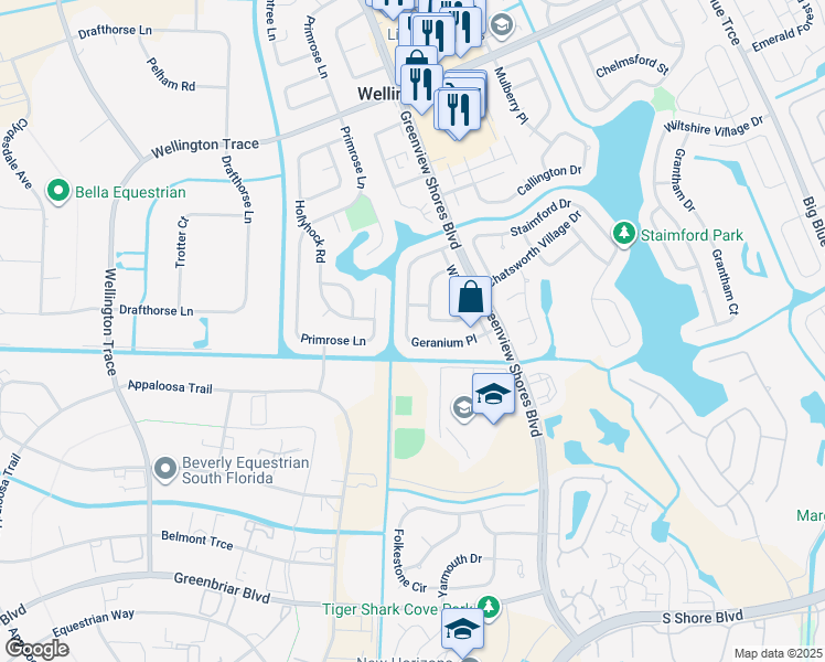 map of restaurants, bars, coffee shops, grocery stores, and more near 13866 Geranium Place in Wellington