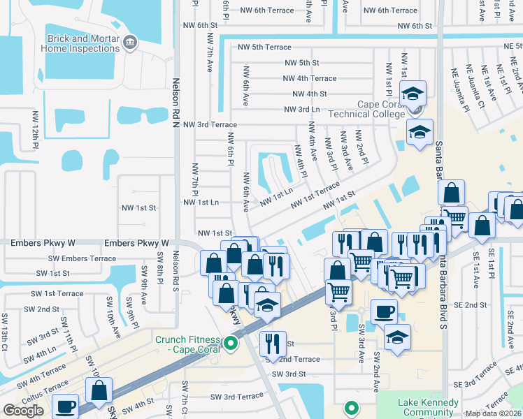 map of restaurants, bars, coffee shops, grocery stores, and more near 514 Northwest 1st Lane in Cape Coral