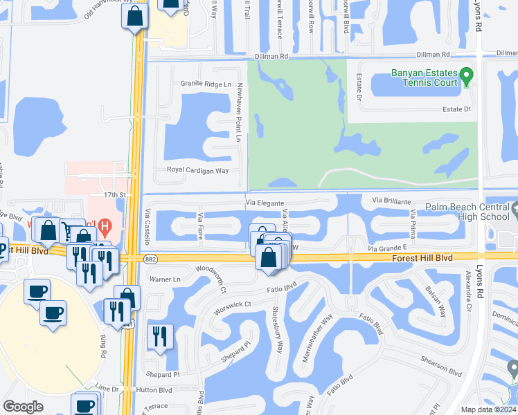 map of restaurants, bars, coffee shops, grocery stores, and more near 9422 Via Elegante in Wellington