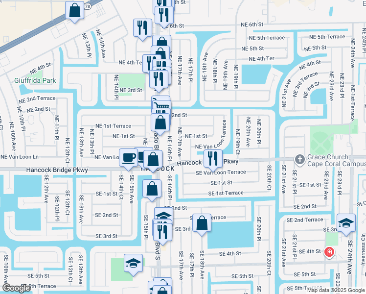 map of restaurants, bars, coffee shops, grocery stores, and more near 17 Northeast 17th Avenue in Cape Coral