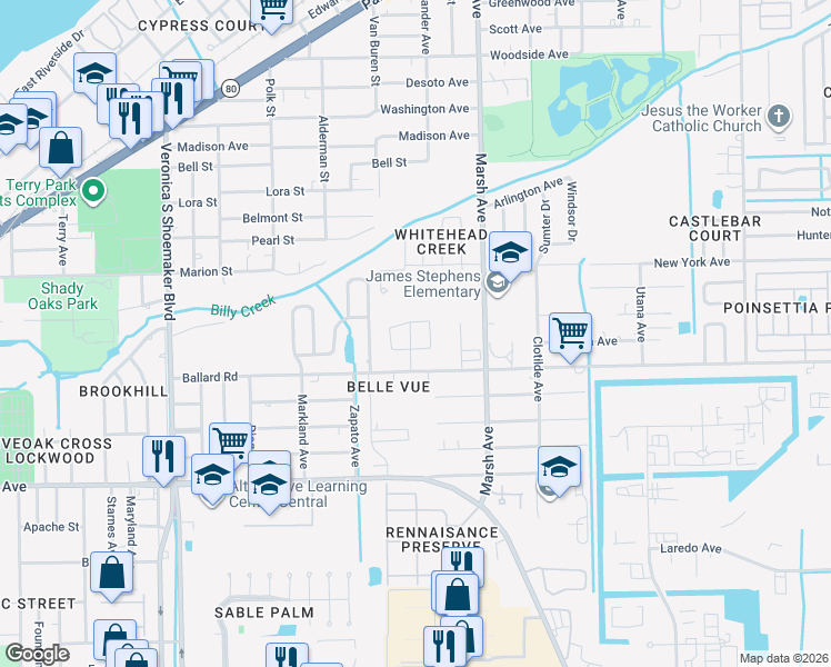 map of restaurants, bars, coffee shops, grocery stores, and more near 206 Glenboro Avenue in Fort Myers