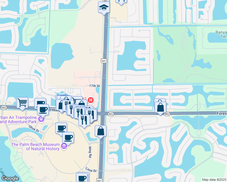 map of restaurants, bars, coffee shops, grocery stores, and more near 9906 Via Elegante in Wellington