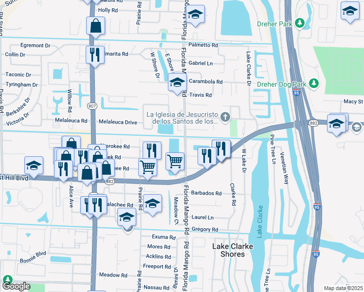 map of restaurants, bars, coffee shops, grocery stores, and more near 1553 Florida Mango Road in West Palm Beach