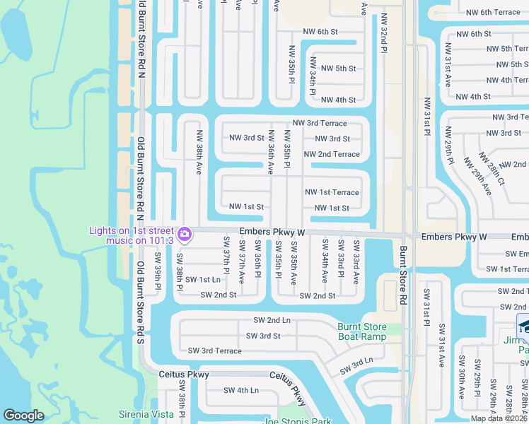 map of restaurants, bars, coffee shops, grocery stores, and more near 3600 Northwest 1st Street in Cape Coral
