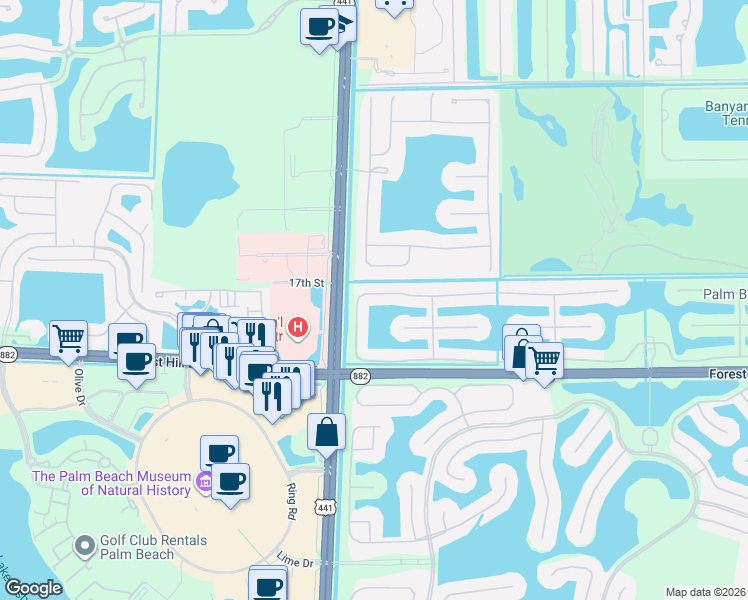 map of restaurants, bars, coffee shops, grocery stores, and more near 9906 Via Elegante in Wellington