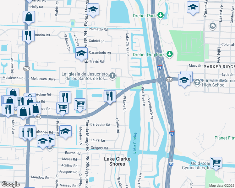 map of restaurants, bars, coffee shops, grocery stores, and more near 1521 Forest Hill Boulevard in West Palm Beach