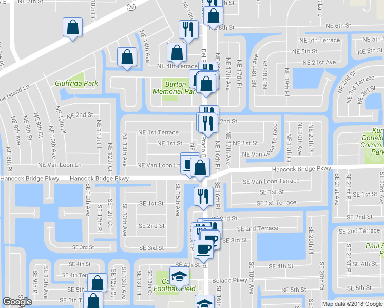 map of restaurants, bars, coffee shops, grocery stores, and more near 30 Northeast 15th Place in Cape Coral